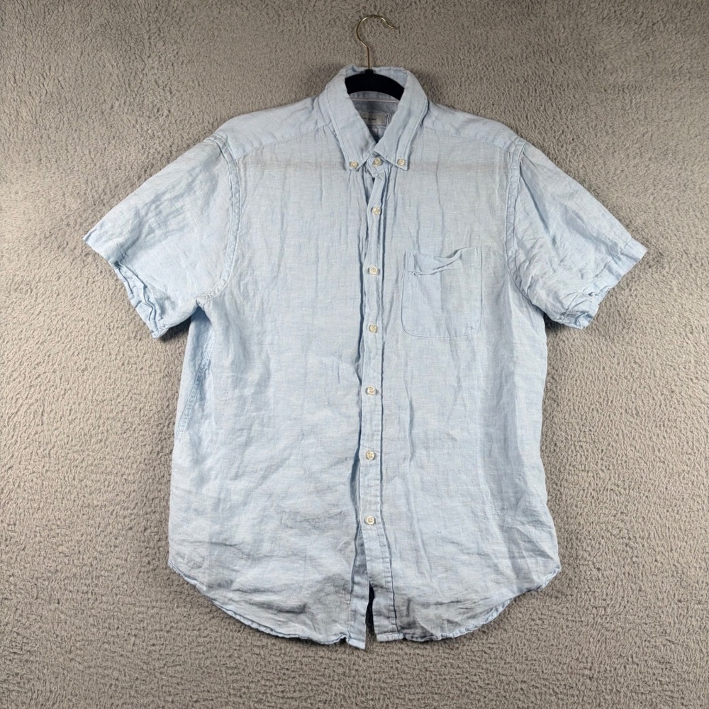 Porter & Ash Mens L Light Blue 100% Linen Short Sleeve Button Down Shirt Coastal